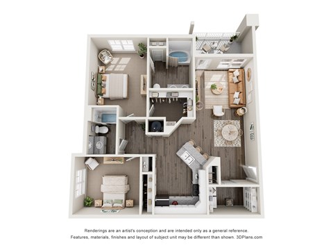 A 3D floor plan of a house with a kitchen, living room, and bathroom.